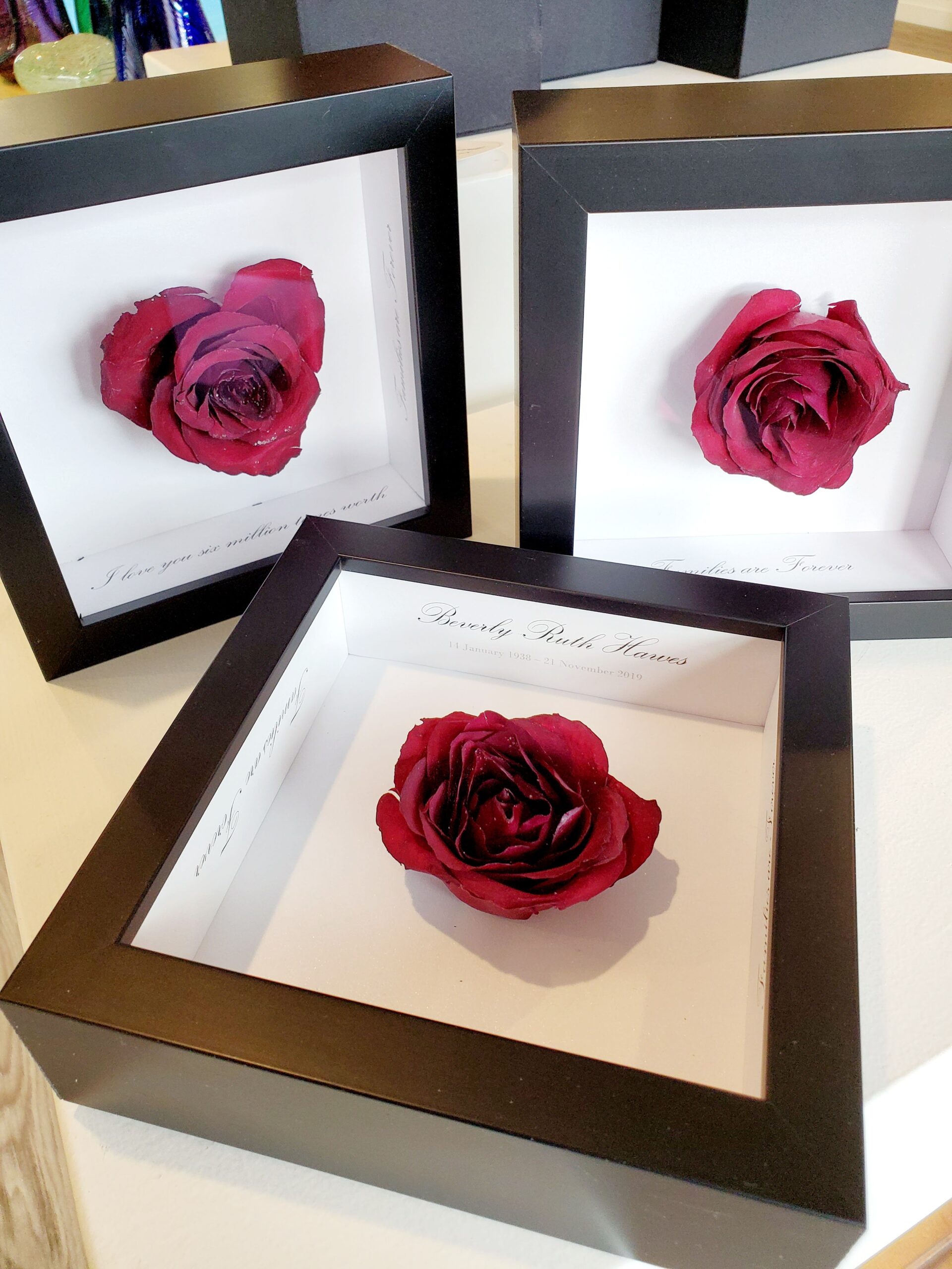 Funeral Roses Shadowbox Memorial with scripture